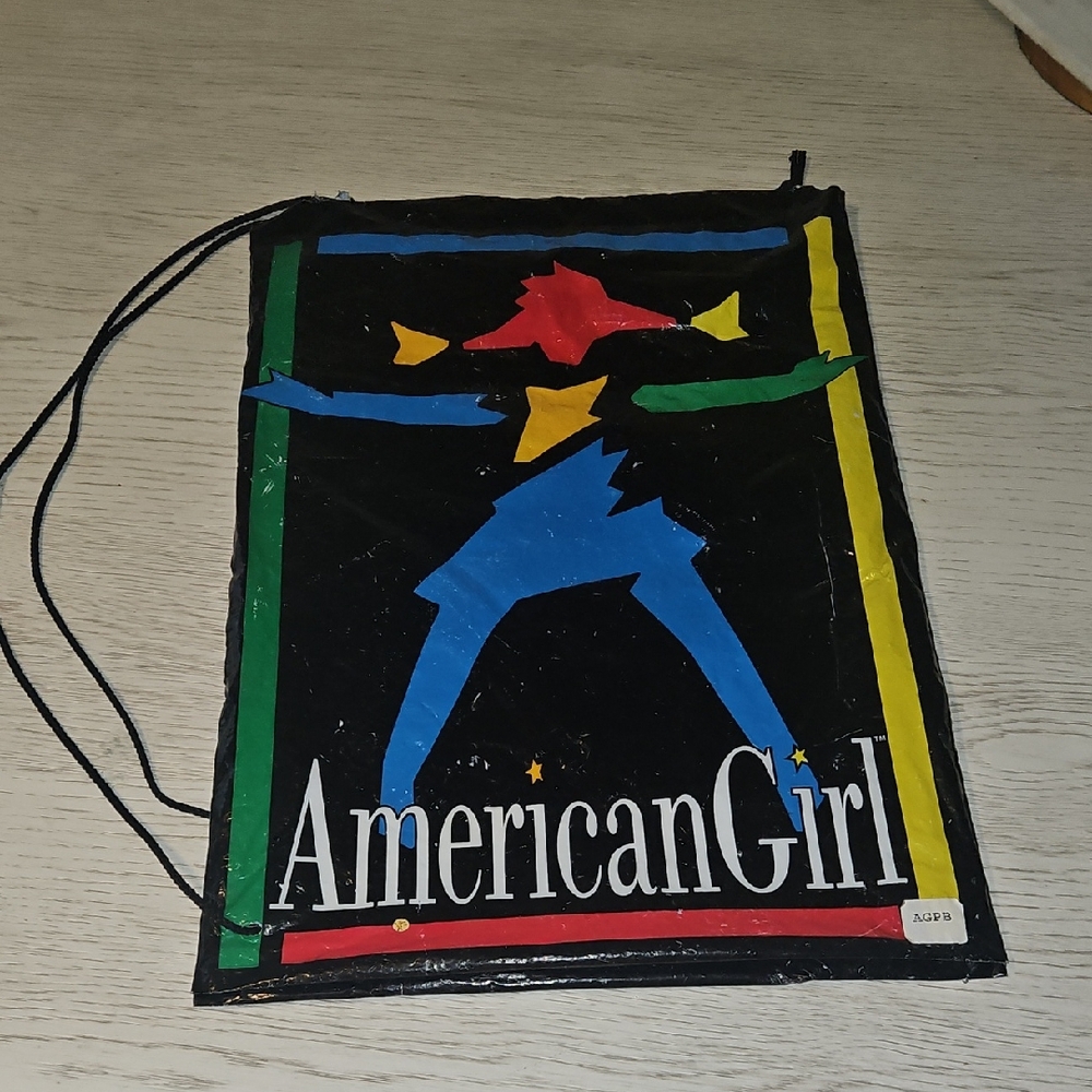 American Girl Vintage 1990s Black Drawstring Bag Or Giftbag with Colorful Figure
